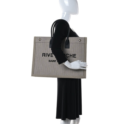Saint Laurent Embroidered Cotton Linen Rive Gauche Noe Tote Natural Black 2 of 10
