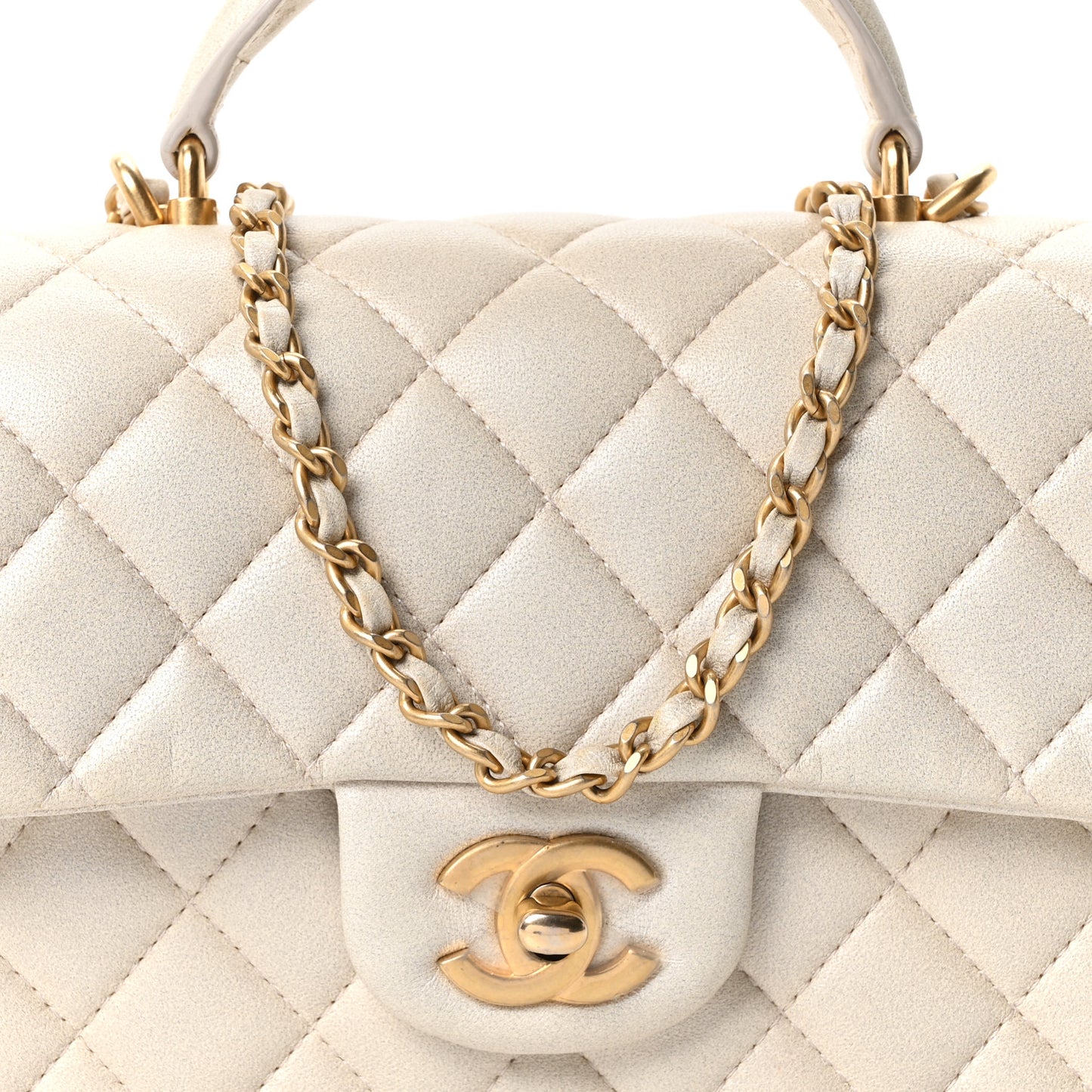 Iridescent Lambskin Quilted Mini Top Handle Rectangular Flap White