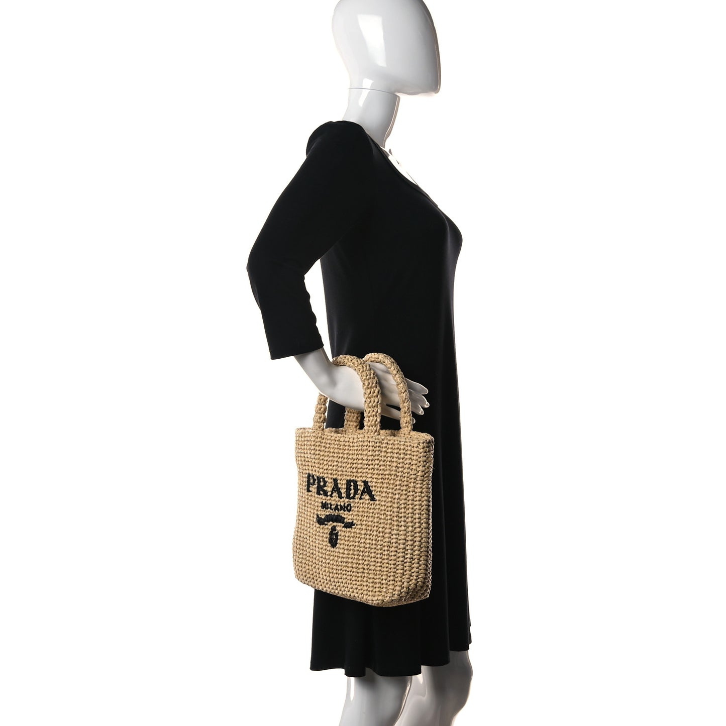 Yarn Raffia Effect Crochet Embroidered Small Logo Tote Naturale