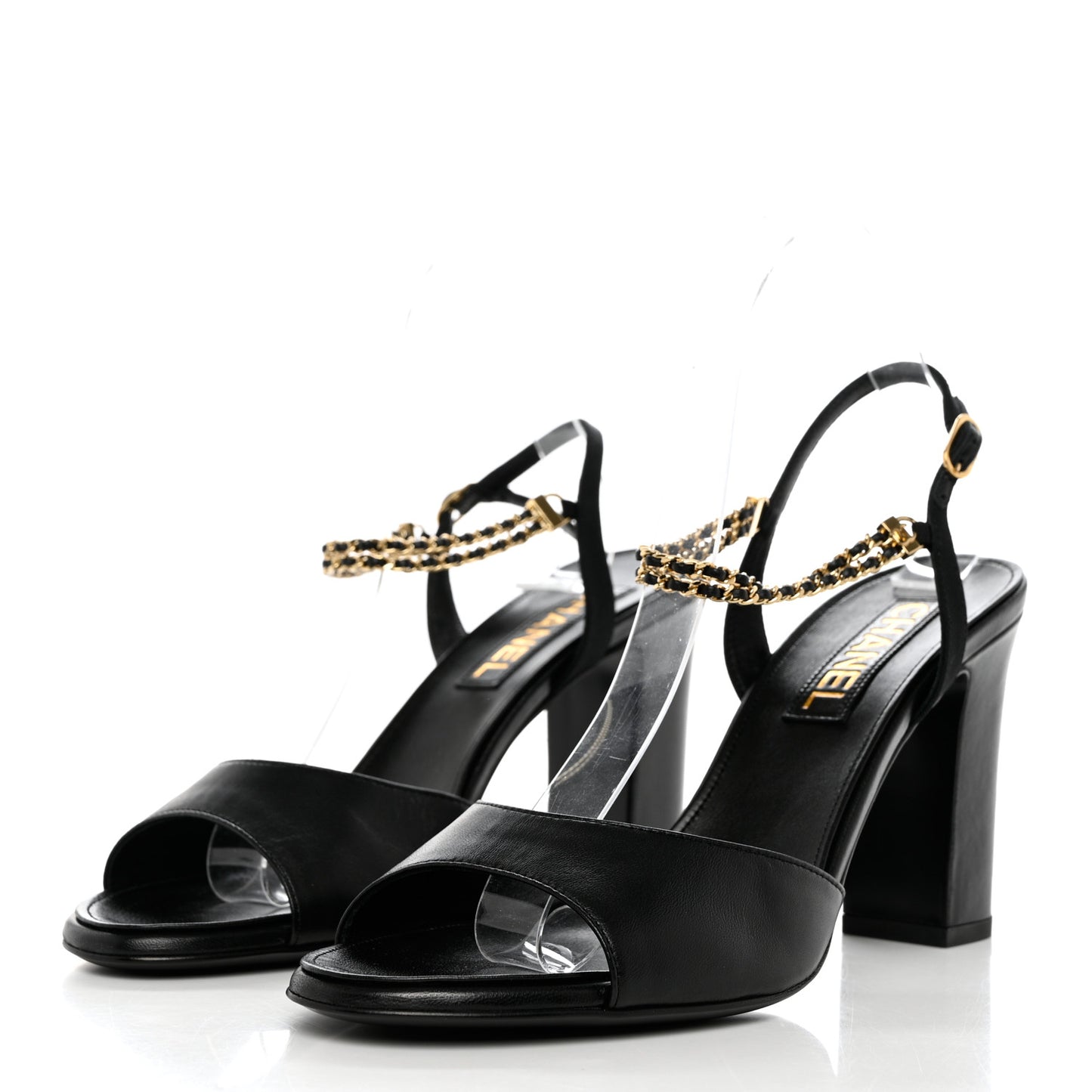Lambskin Grosgrain CC Chain Strap Sandals 40 Black
