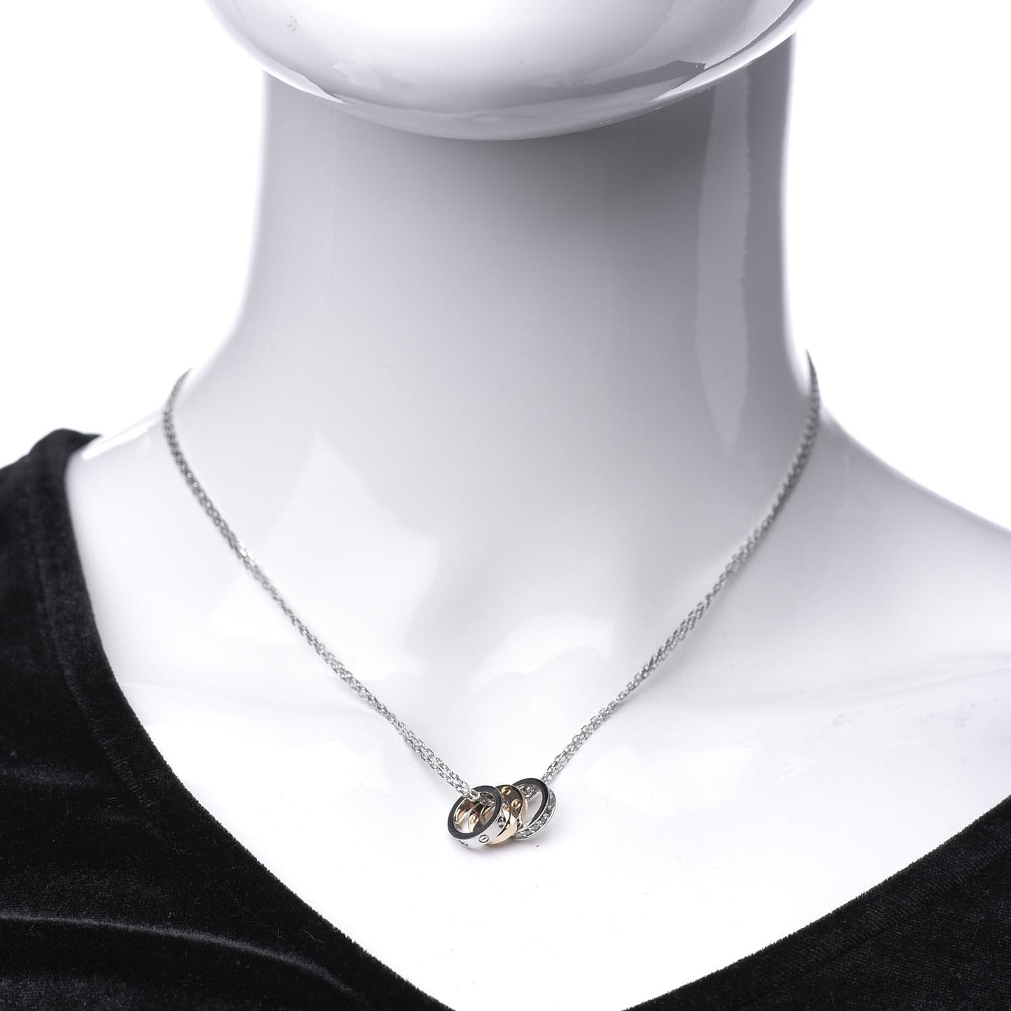 18K White Pink Gold Diamond Three Ring LOVE Pendant Necklace