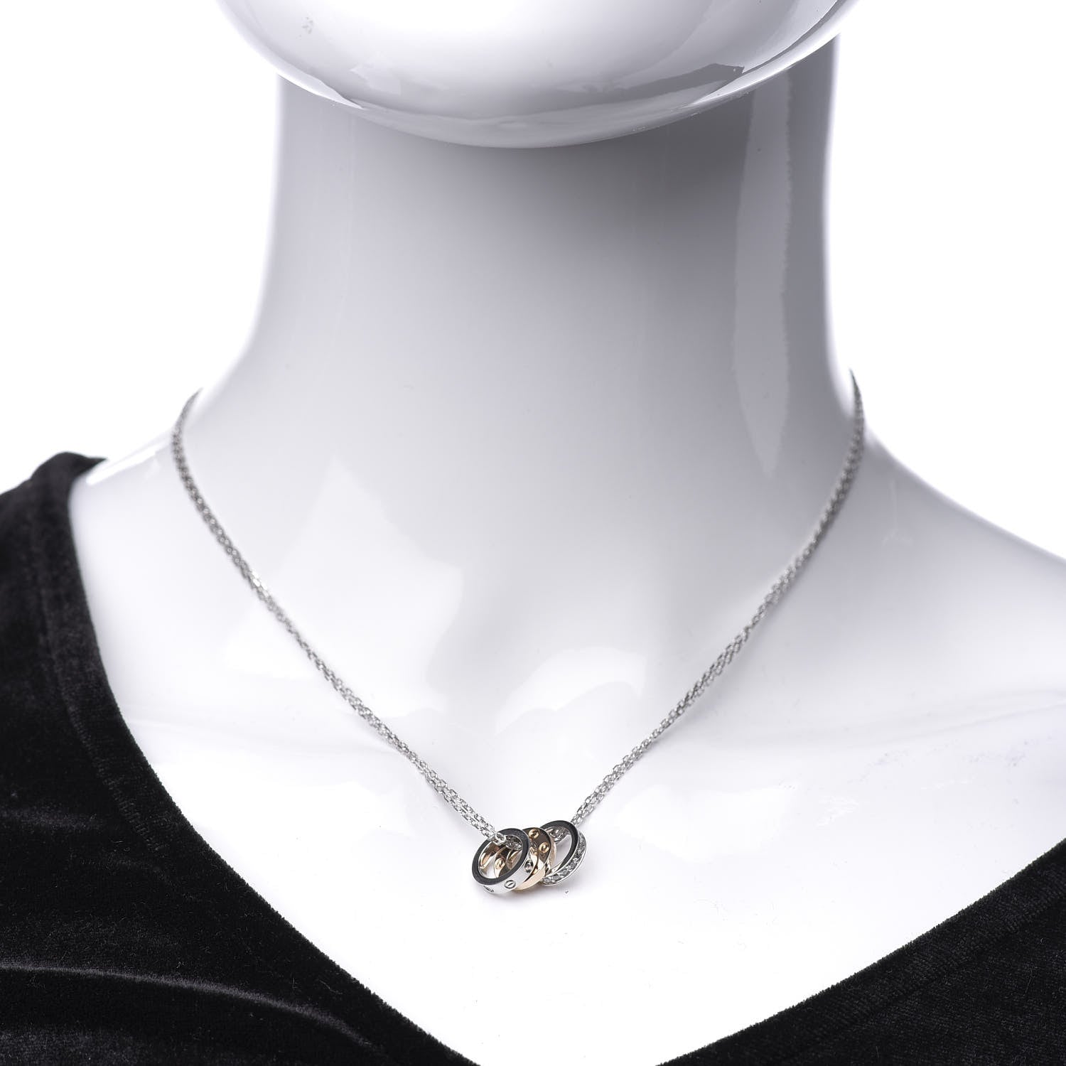 Cartier 18K White Pink Gold Diamond Three Ring LOVE Pendant Necklace 2 of 5