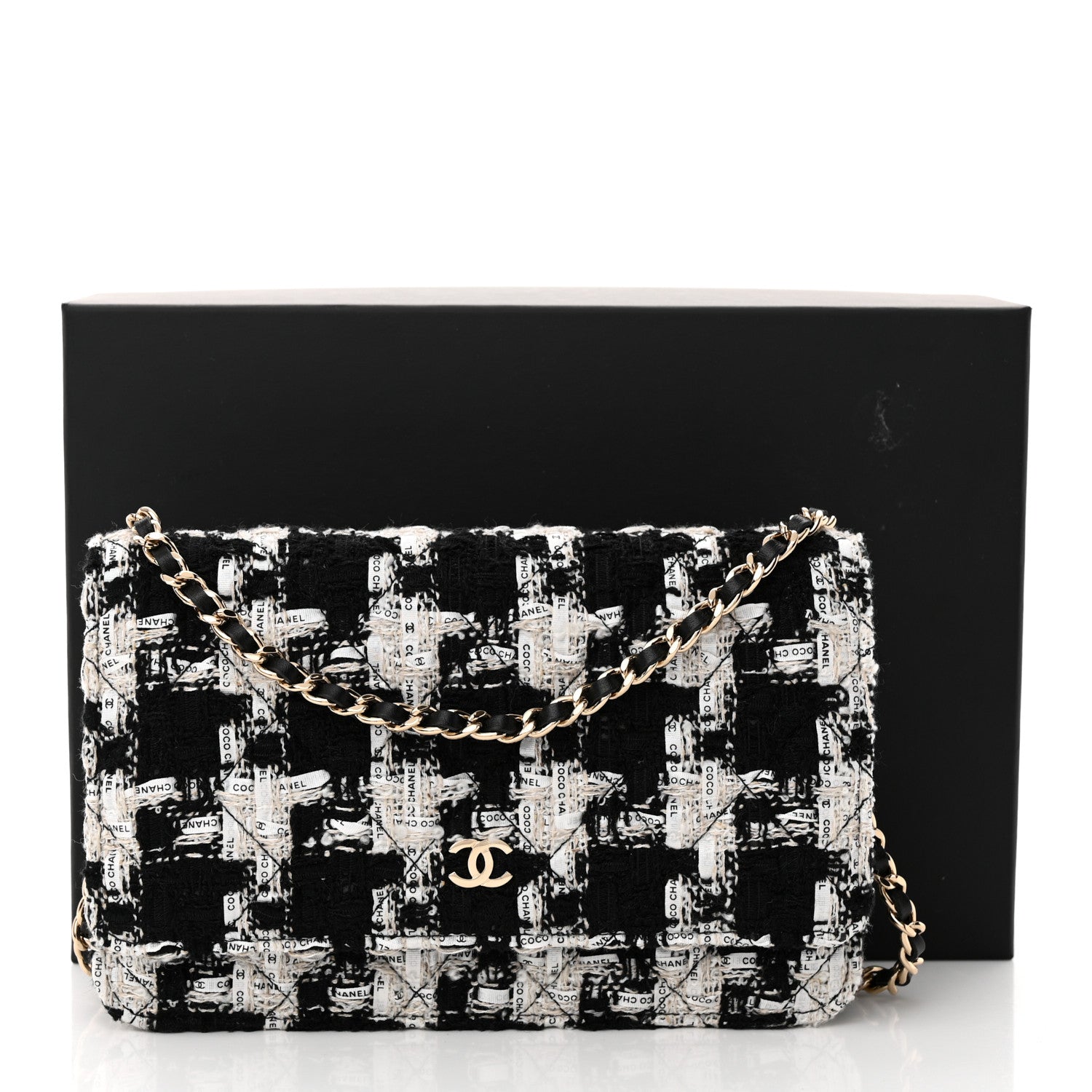 Chanel Tweed Quilted Wallet On Chain WOC Black Ecru White 12 of 12
