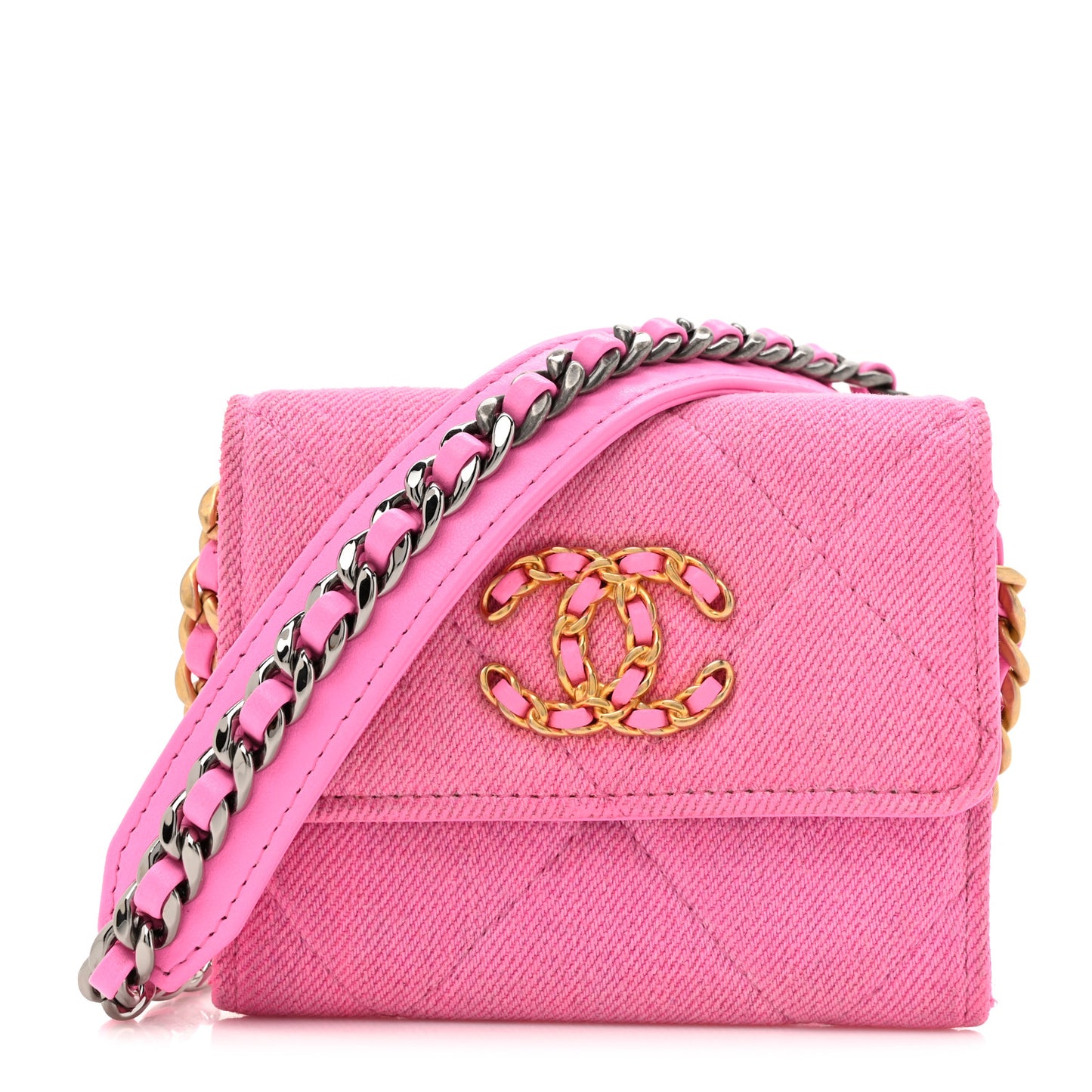 Denim Quilted Chanel 19 Flap Coin Purse With Chain Pink
