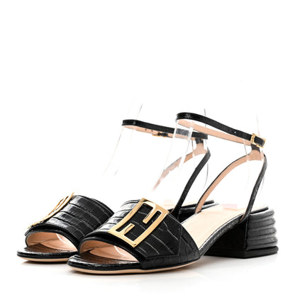 Fendi Vitello Crocodile Embossed Promenade Ankle Strap Sandals 36 Black 3 of 10
