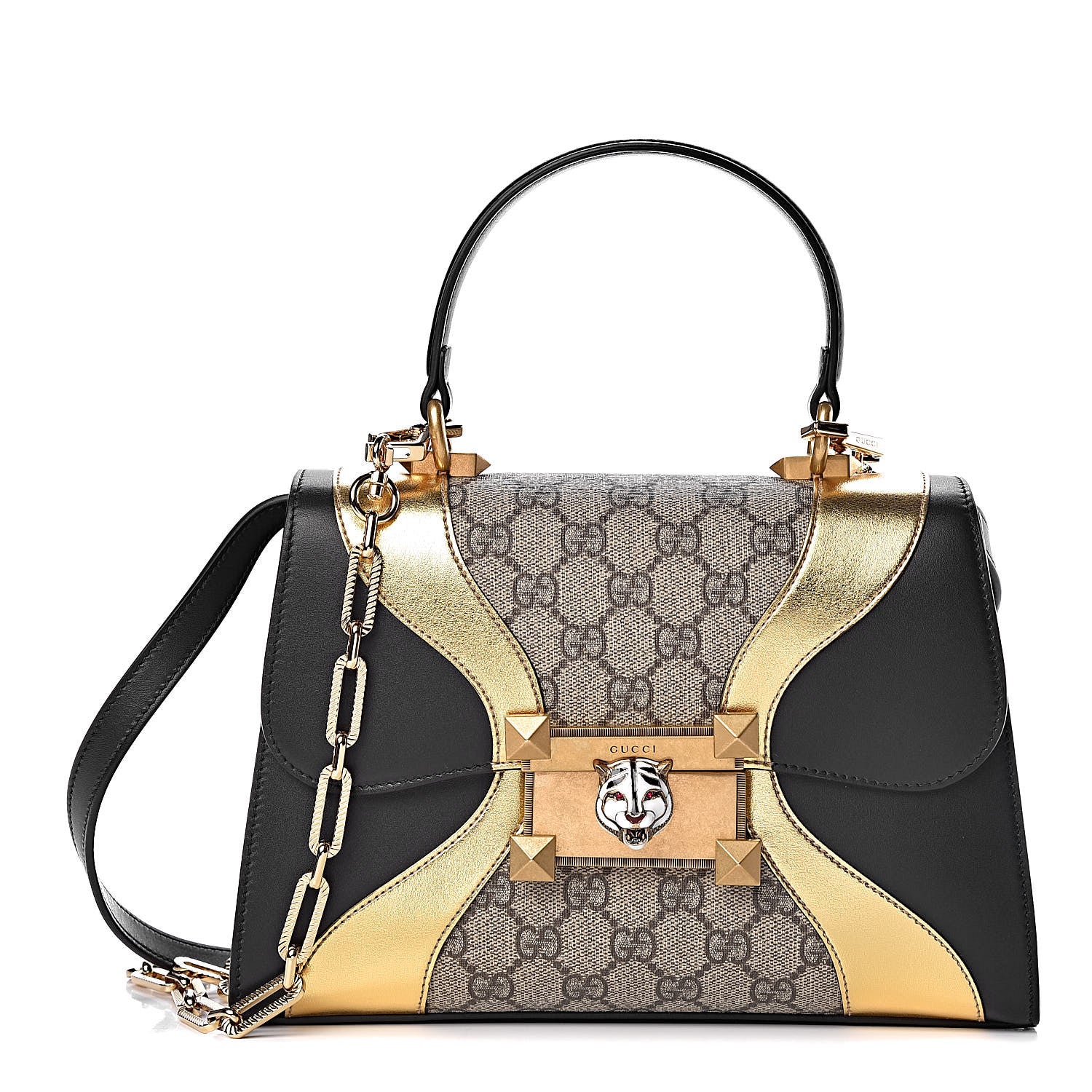Gucci GG Supreme Monogram Small Osiride Top Handle Bag Black Gold 1 of 12