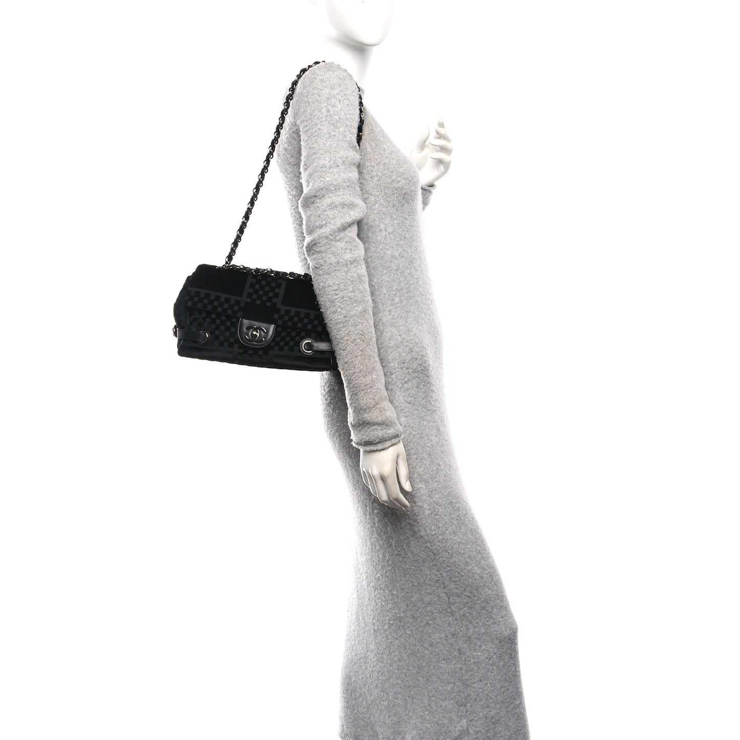 Velvet Checkered Flap Bag Black