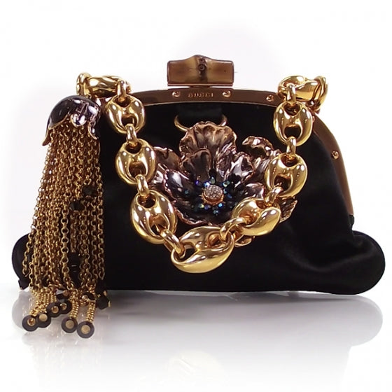 Gucci Silk Flower Charm Bamboo Pochette Black 1 of 9
