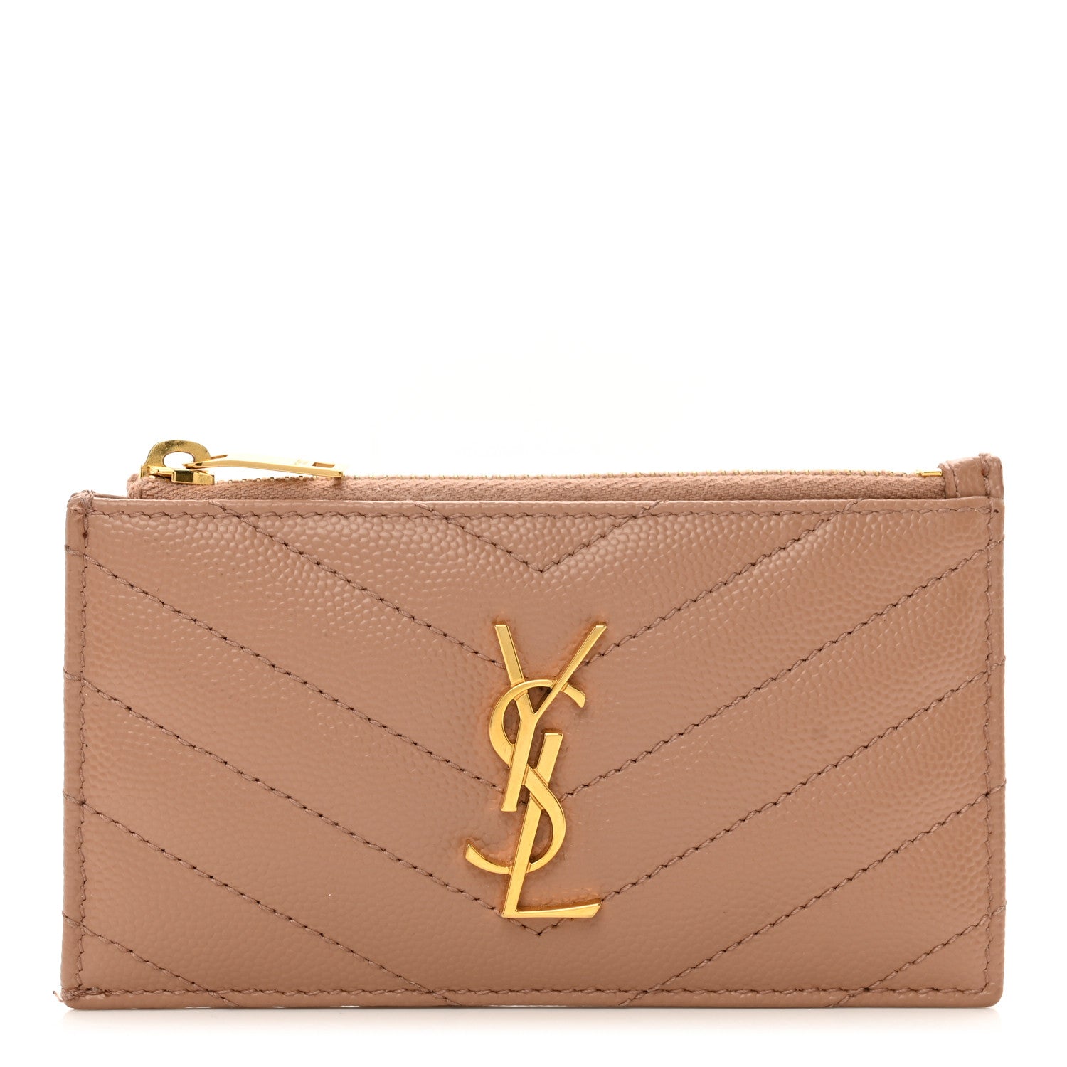Saint Laurent Grain De Poudre Matelasse Chevron Monogram Fragments Zippered Card Case Cork 1 of 7
