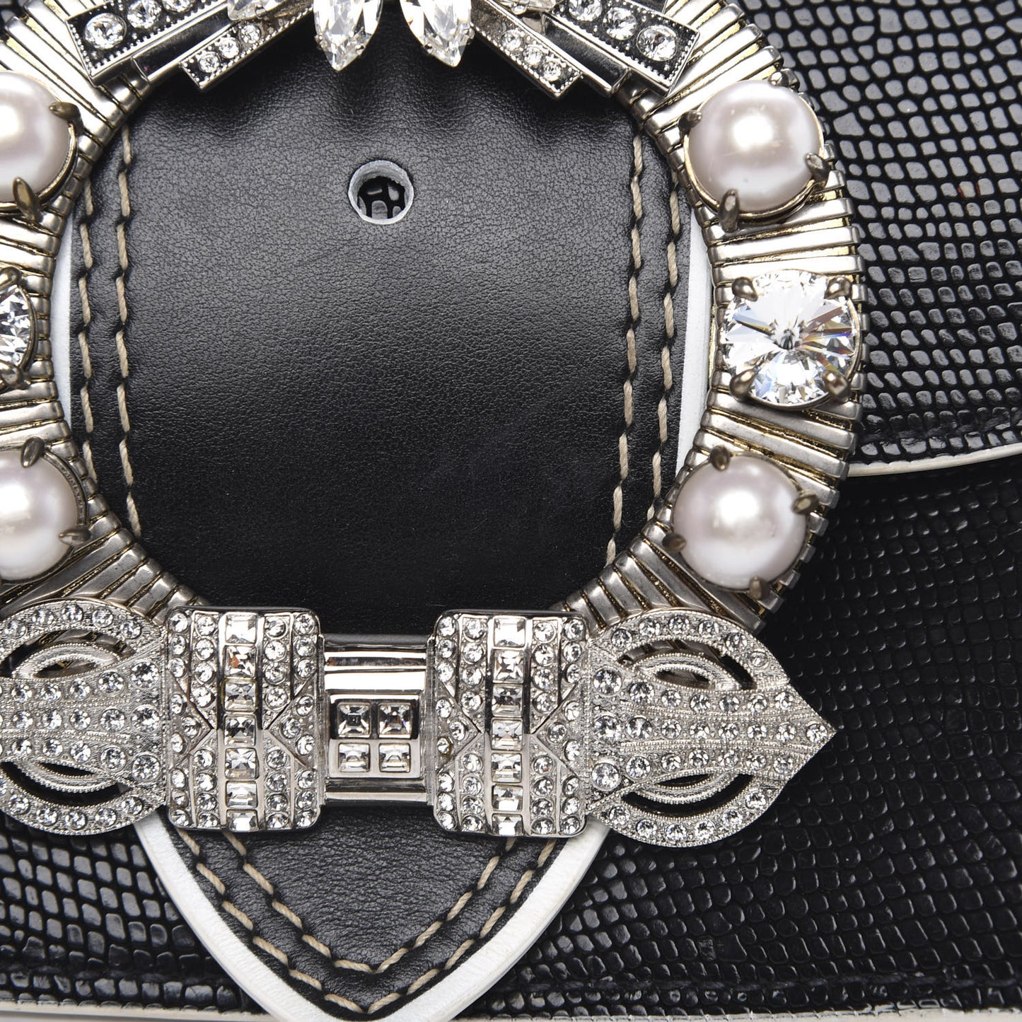 Embossed Lizard Calfskin Crystal Embellished Saint Lucertola Shoulder Bag Black