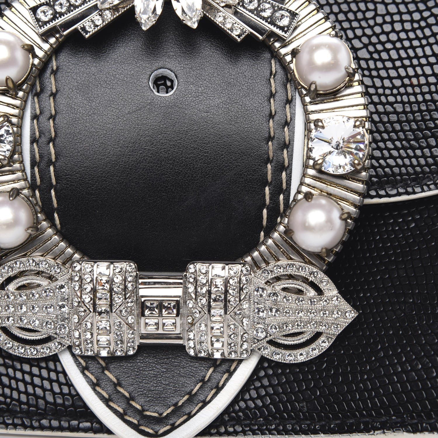 Miu Miu Embossed Lizard Calfskin Crystal Embellished Saint Lucertola Shoulder Bag Black 11 of 14