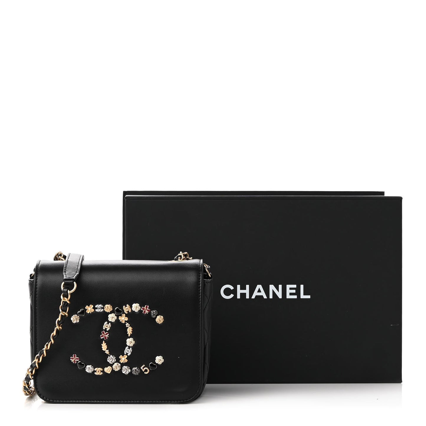 Lambskin Quilted Lucky Charms CC Crossbody Messenger Flap Black