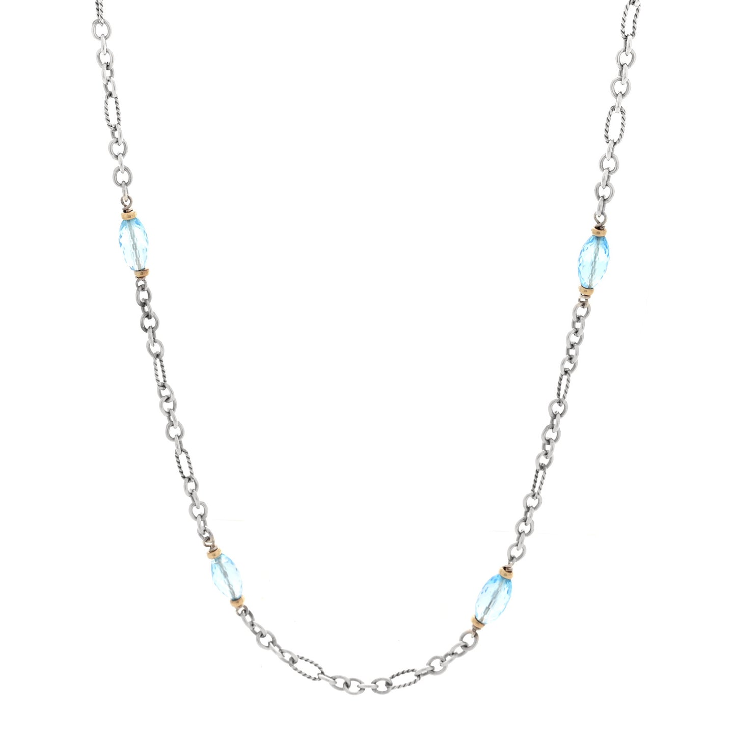 Sterling Silver 18K Yellow Gold Diamond Blue Topaz Figaro Chain Necklace