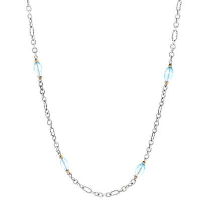 David Yurman Sterling Silver 18K Yellow Gold Diamond Blue Topaz Figaro Chain Necklace 1 of 4