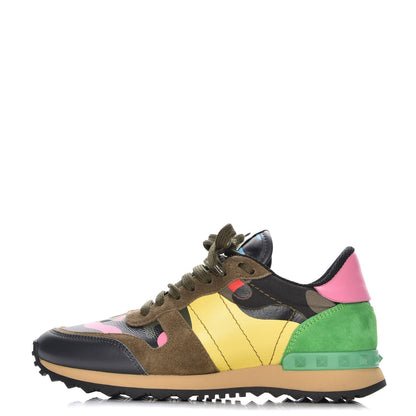 Valentino Garavani Nappa Suede Camouflage Womens Rockrunner Sneakers 36 Army Green Naples Yellow Ninphea 1 of 8