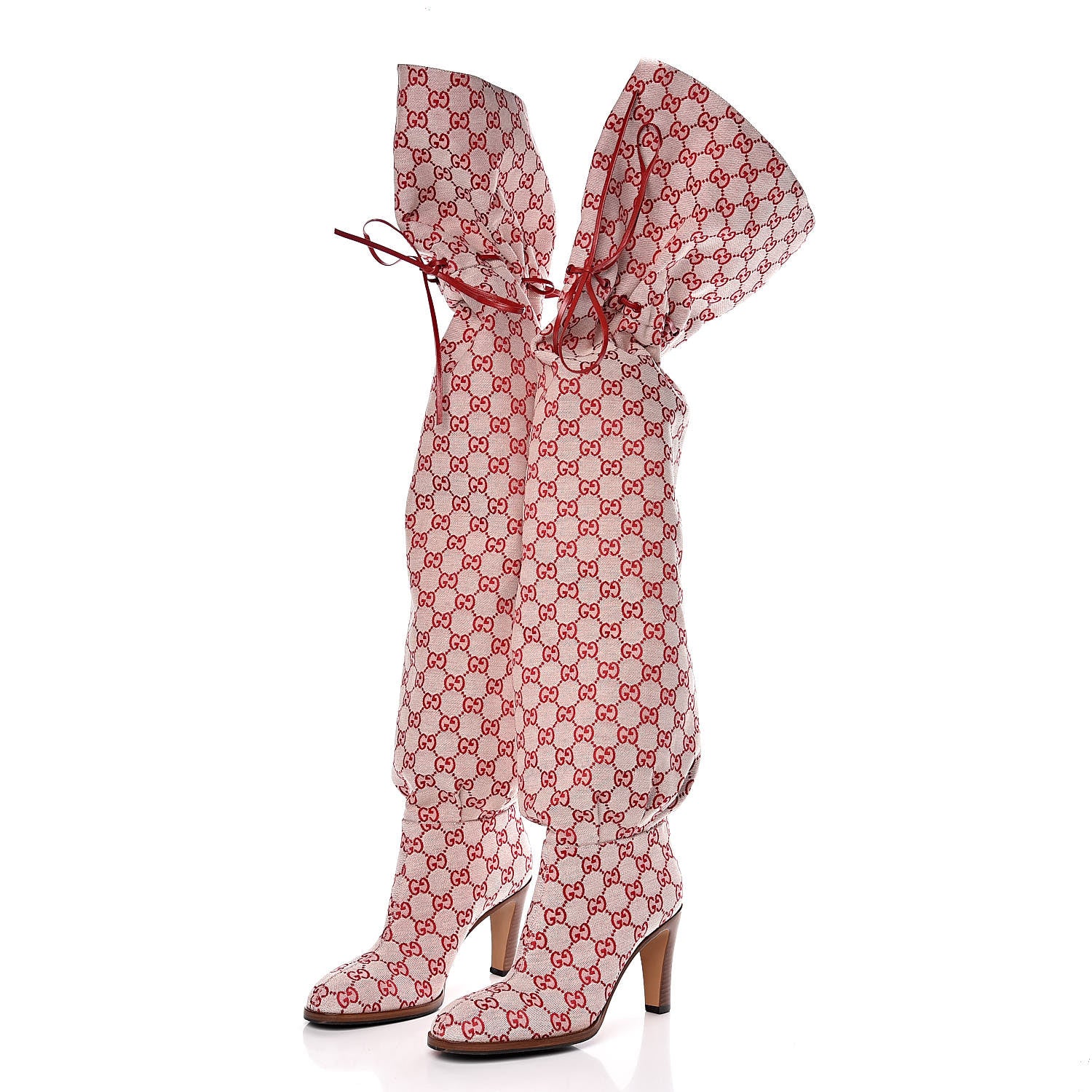 Gucci Monogram Over The Knee Boots 39.5 Gardenia Hibiscus Red 3 of 7