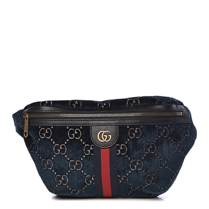 Gucci Velvet GG Monogram Web Belt Bag Blue Beige 1 of 11