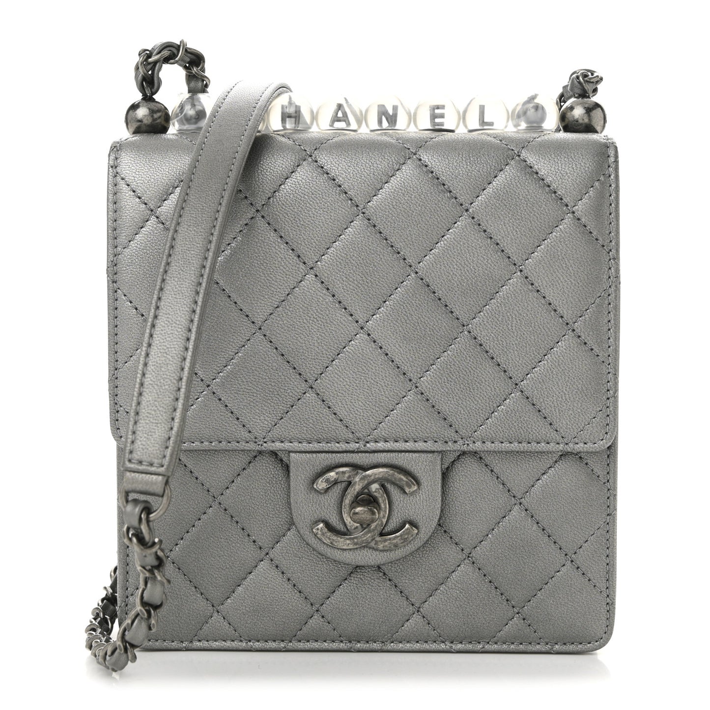 Metallic Goatskin Quilted Chic Pearls Flap Silver