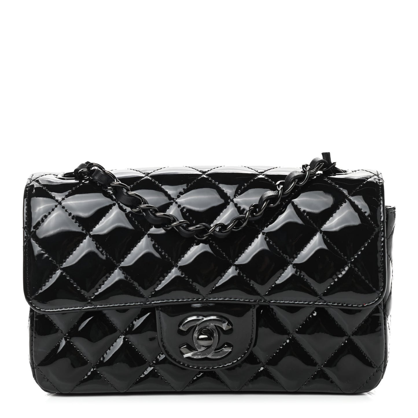 Patent Calfskin Quilted Mini Rectangular Flap So Black