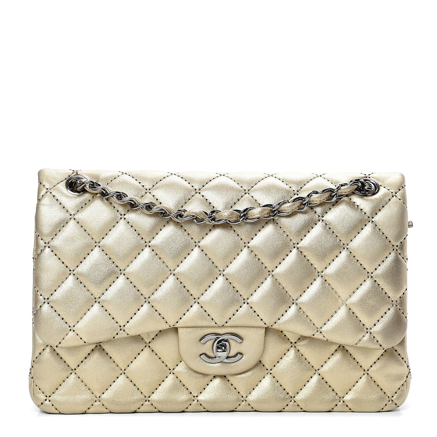 Metallic Washed Lambskin Quilted Jumbo Double Flap Dark Gold Black
