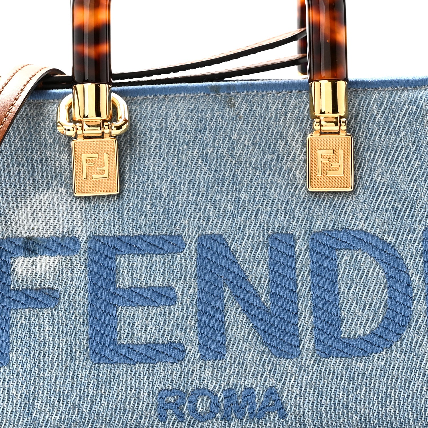 Fendi Denim Vitello King Plexiglass Logo Embroidered Mini By The Way Top Handle Boston Bag Denim Cuoio 8 of 10