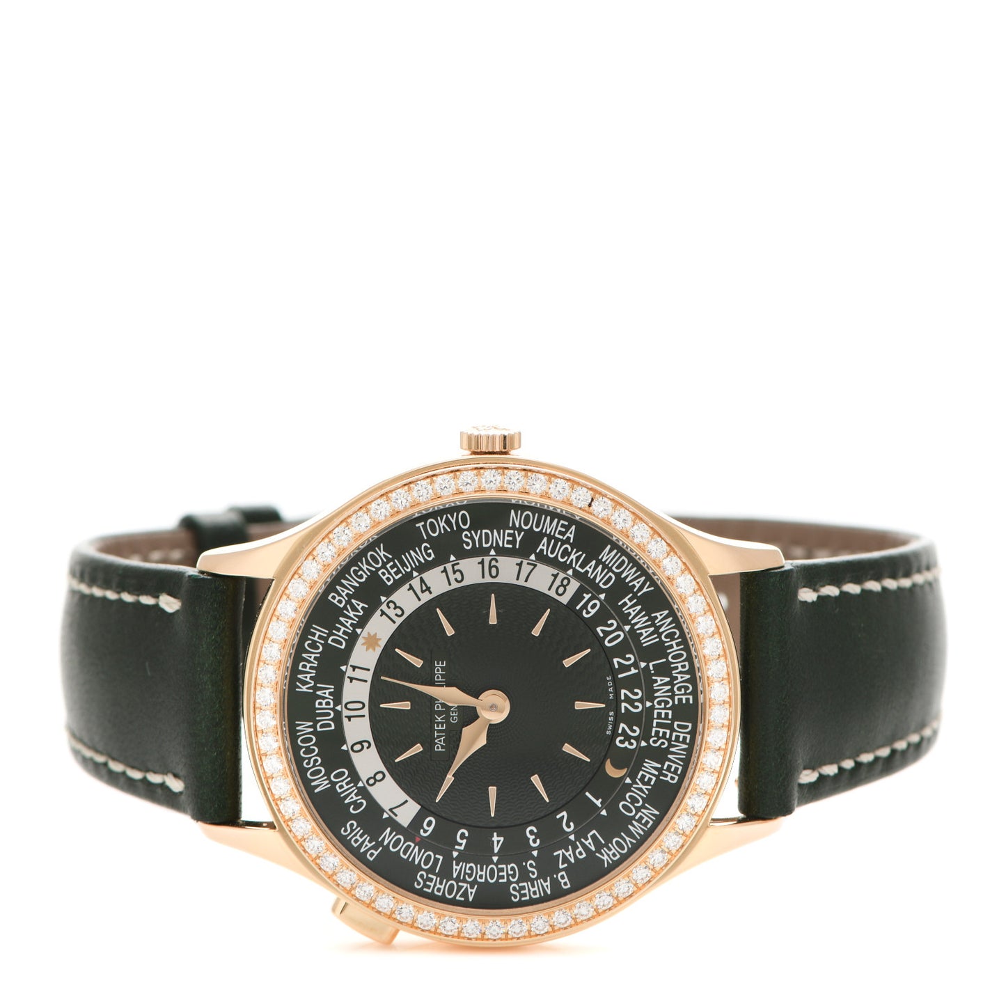 18K Rose Gold Calfskin Diamond 36mm Complications World Time Automatic Watch Green 7130R-014