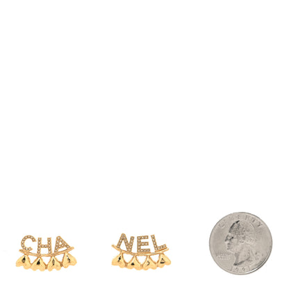 Chanel Crystal Heart Cha-Nel Logo Earrings Gold 2 of 4