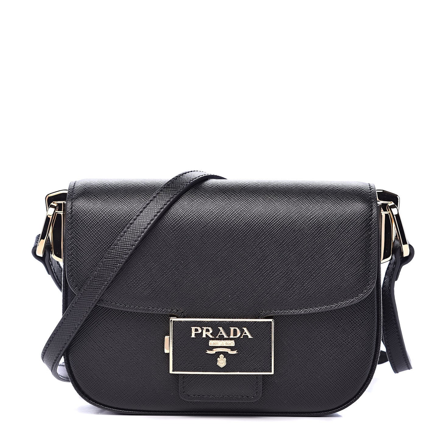 Saffiano Lux Embleme Flap Shoulder Bag Black