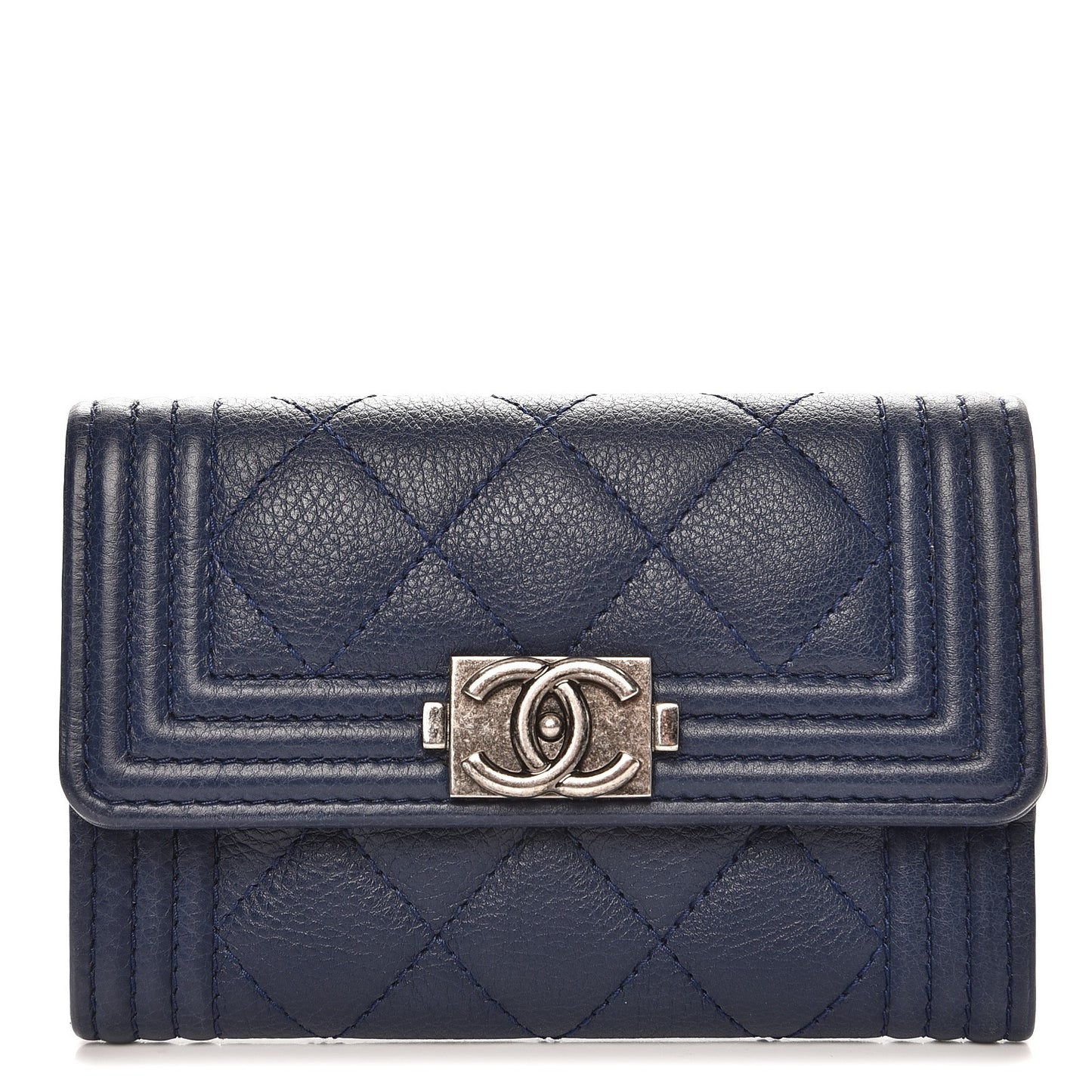 Grained Calfskin Quilted Boy Card Holder Wallet Dark Blue