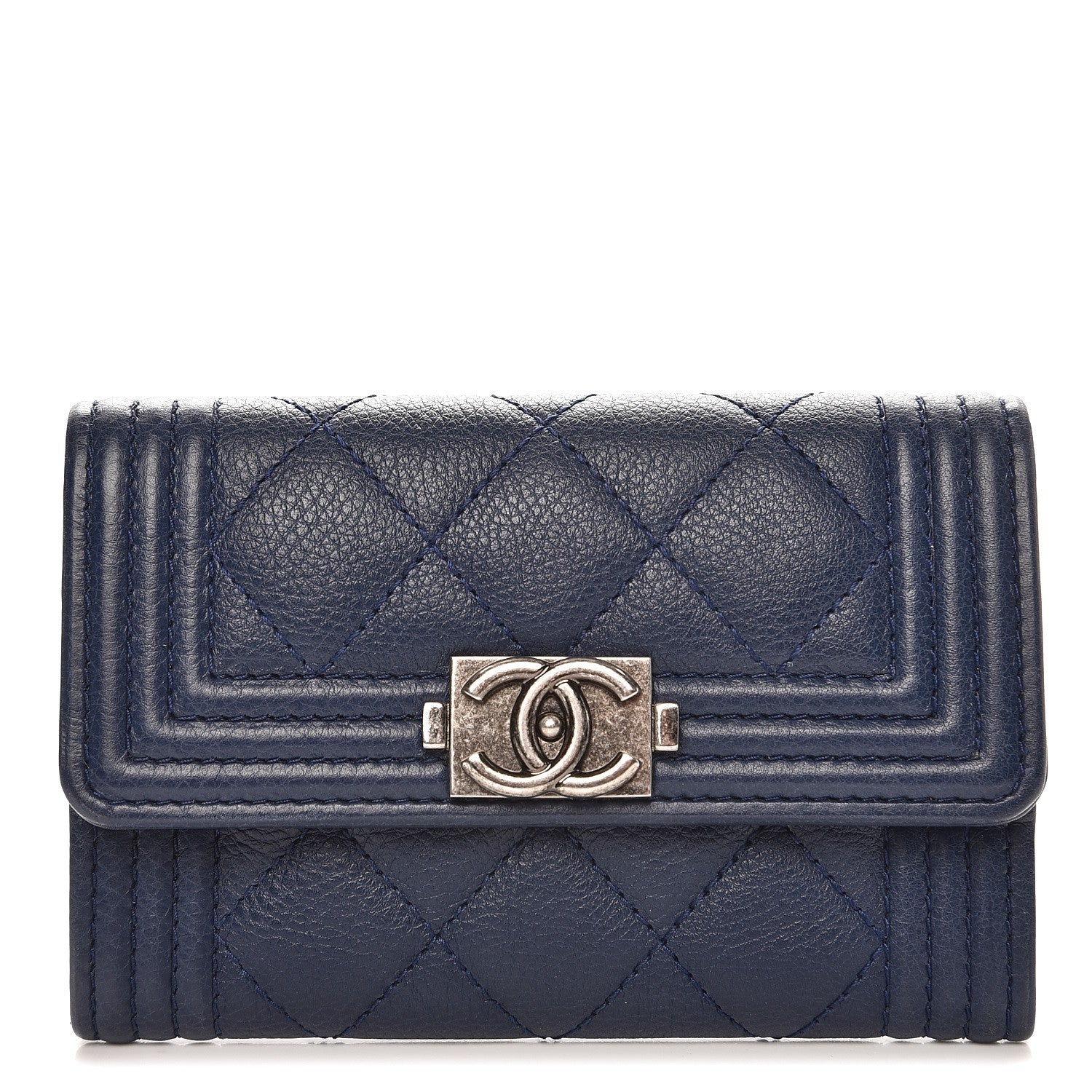 Chanel Grained Calfskin Quilted Boy Card Holder Wallet Dark Blue 1 of 7