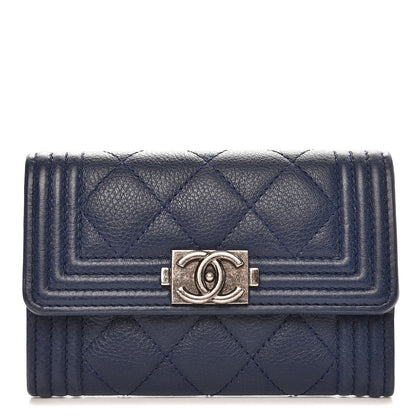 Chanel Grained Calfskin Quilted Boy Card Holder Wallet Dark Blue 1 of 7