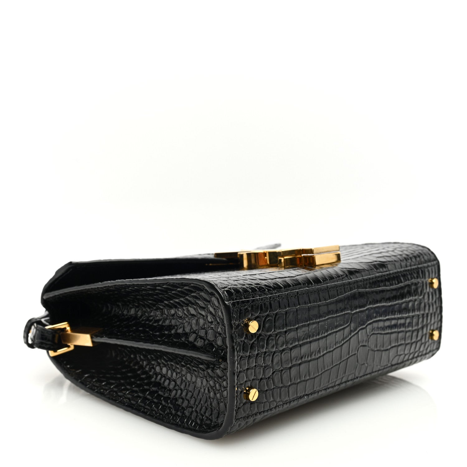 Saint Laurent Calfskin Crocodile Embossed Mini Classic Monogram Cassandra Top Handle Black 4 of 9