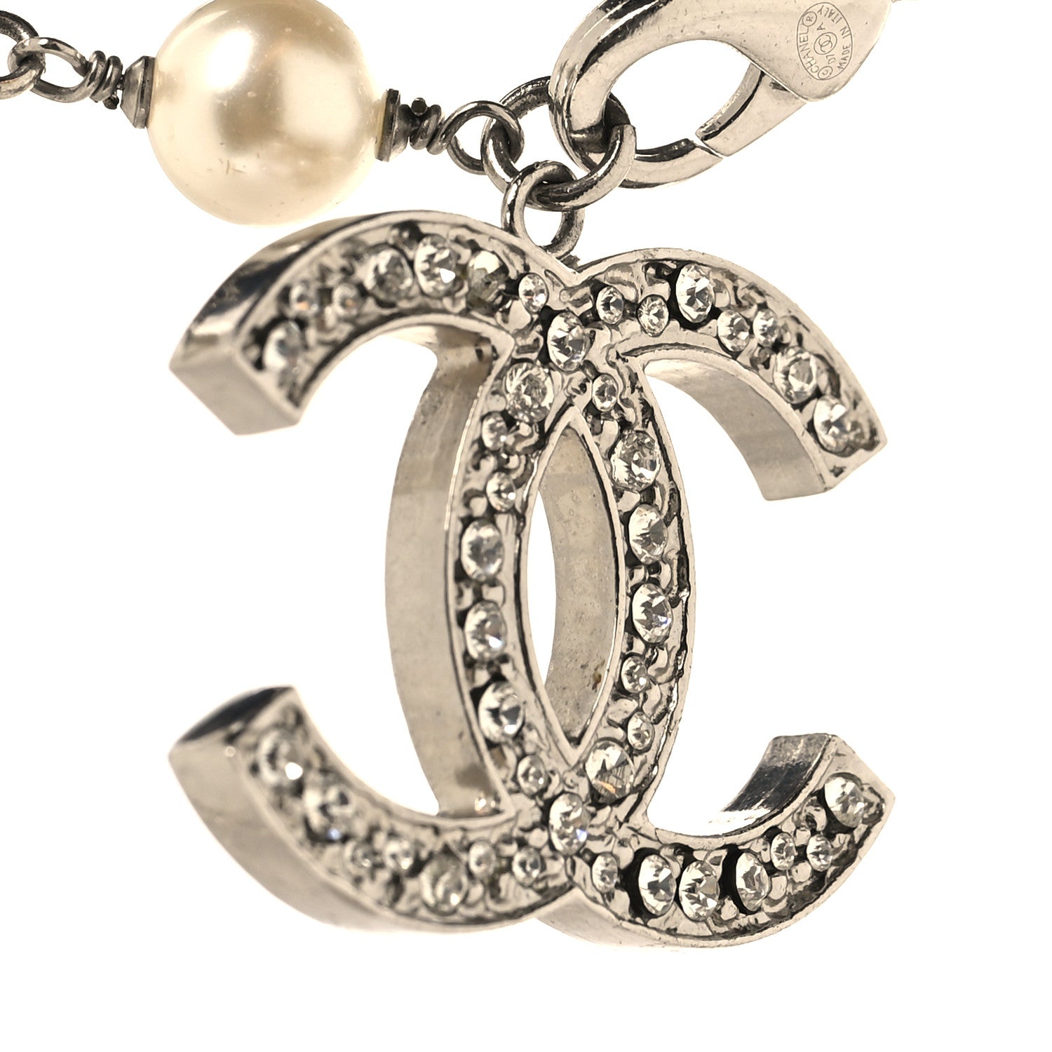Chanel Crystal Pearl Camellia CC Long Necklace Silver Pearly White 4 of 4