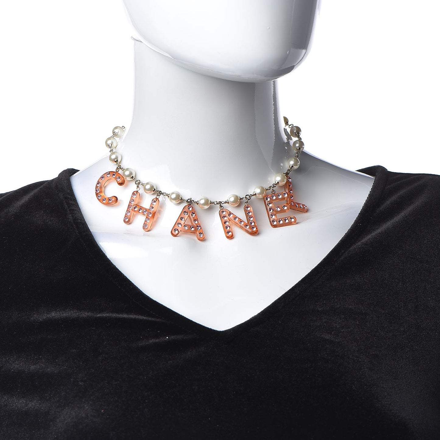 Pearl Resin Crystal Logo Choker Necklace Light Gold Pink