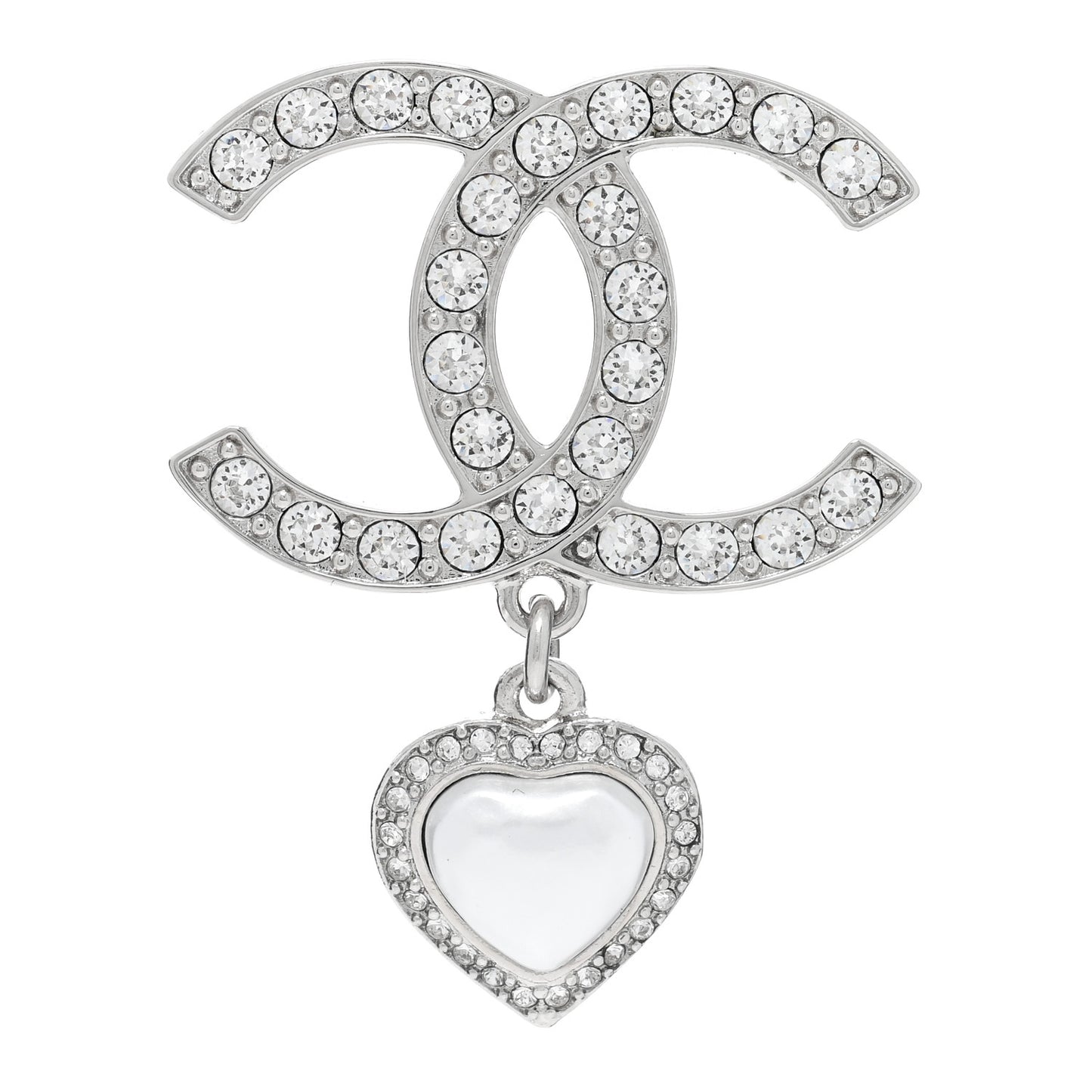 Crystal Pearl CC Heart Drop Brooch Silver