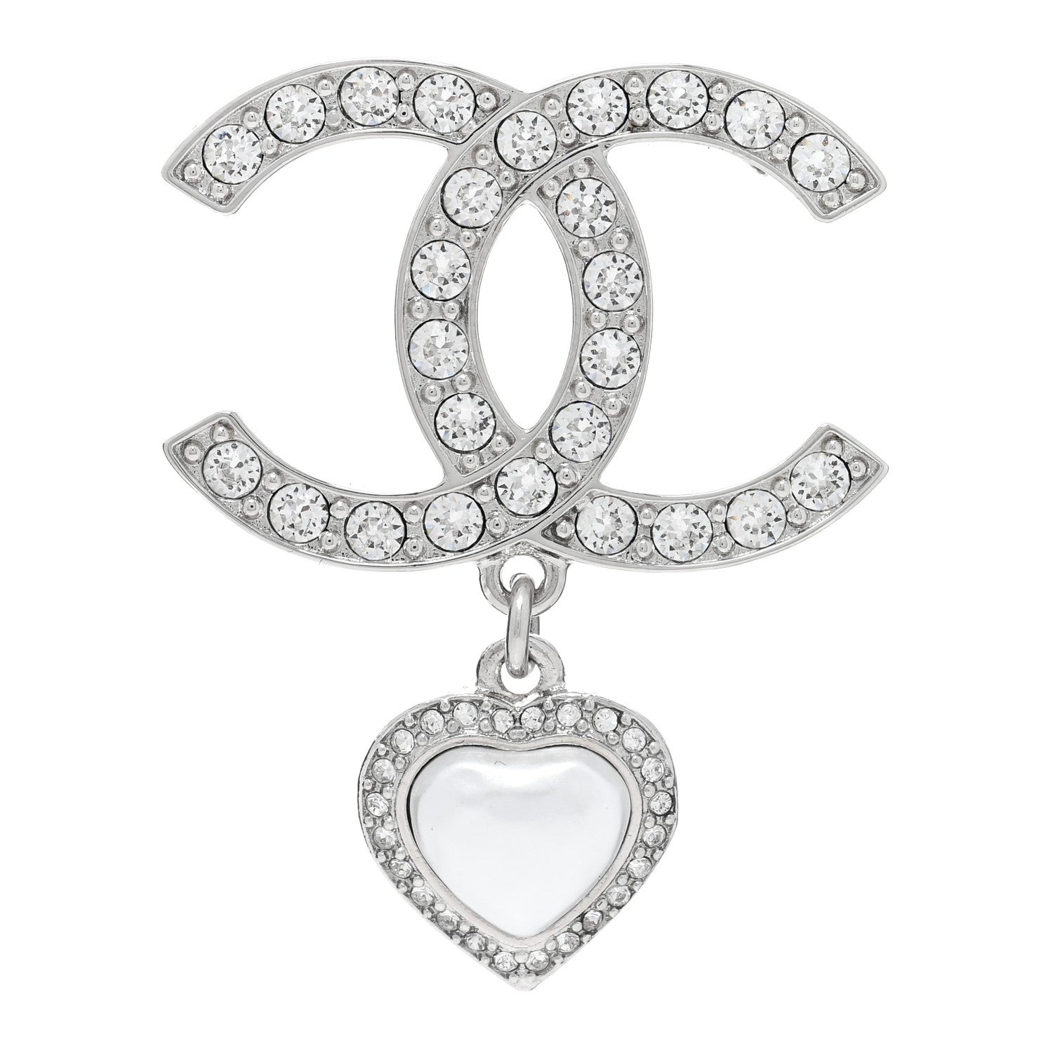 Chanel Crystal Pearl CC Heart Drop Brooch Silver 1 of 4