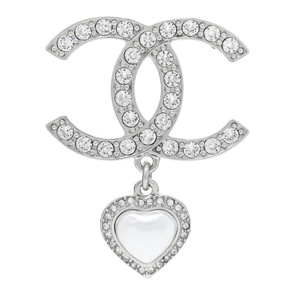 Chanel Crystal Pearl CC Heart Drop Brooch Silver 1 of 4