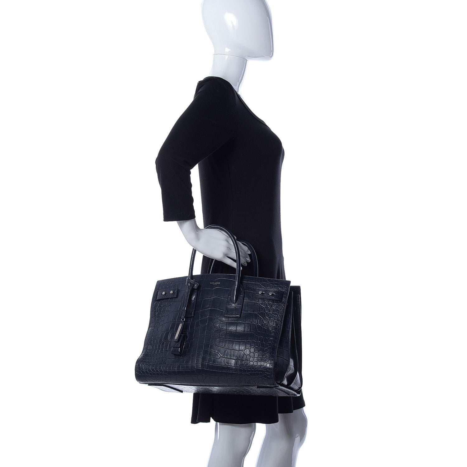 Saint Laurent Calfskin Crocodile Embossed Medium Souple Sac De Jour Navy 3 of 9