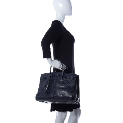 Saint Laurent Calfskin Crocodile Embossed Medium Souple Sac De Jour Navy 3 of 9