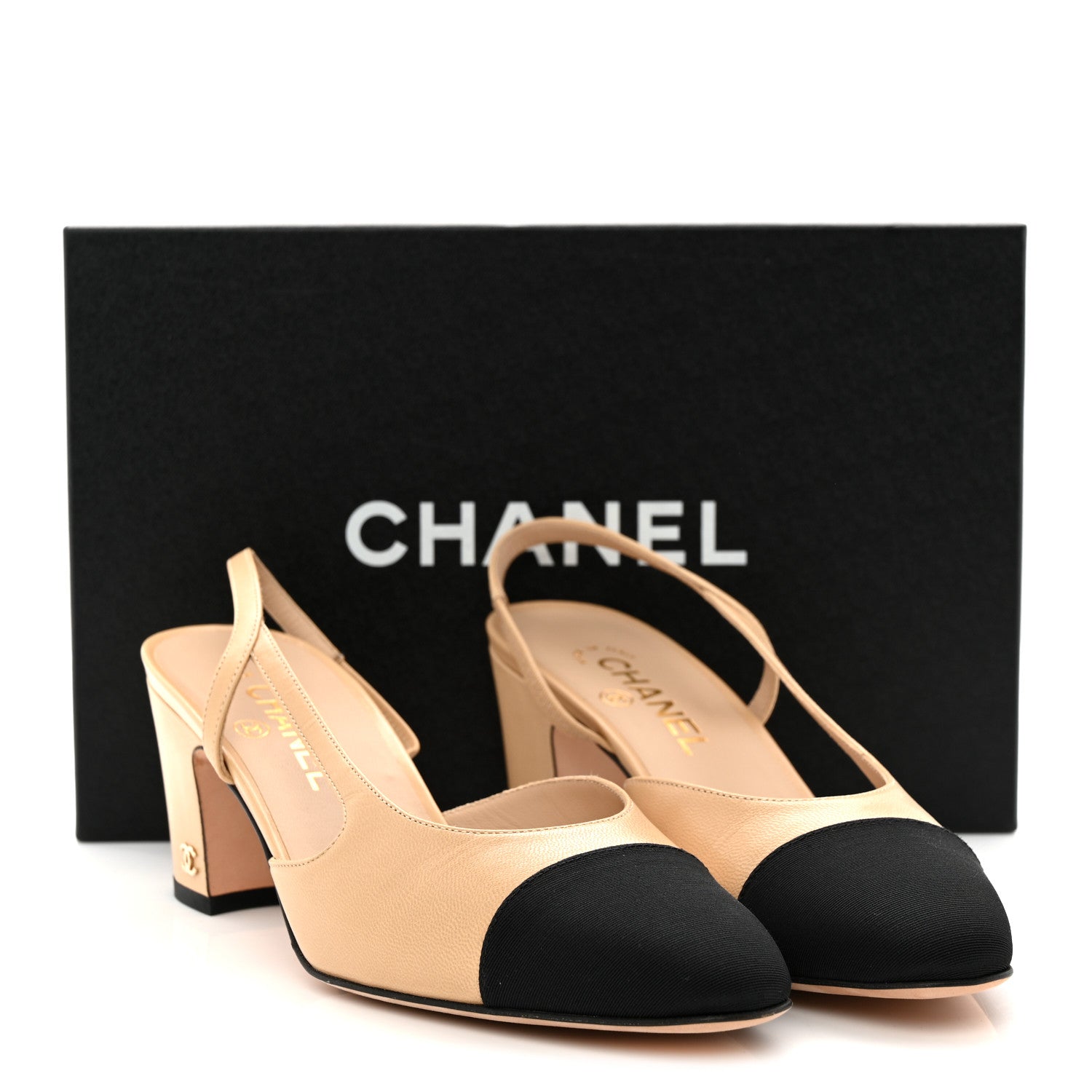 Chanel Goatskin Grosgrain Cap Toe CC Slingback Pumps 39.5 Beige Black 11 of 11