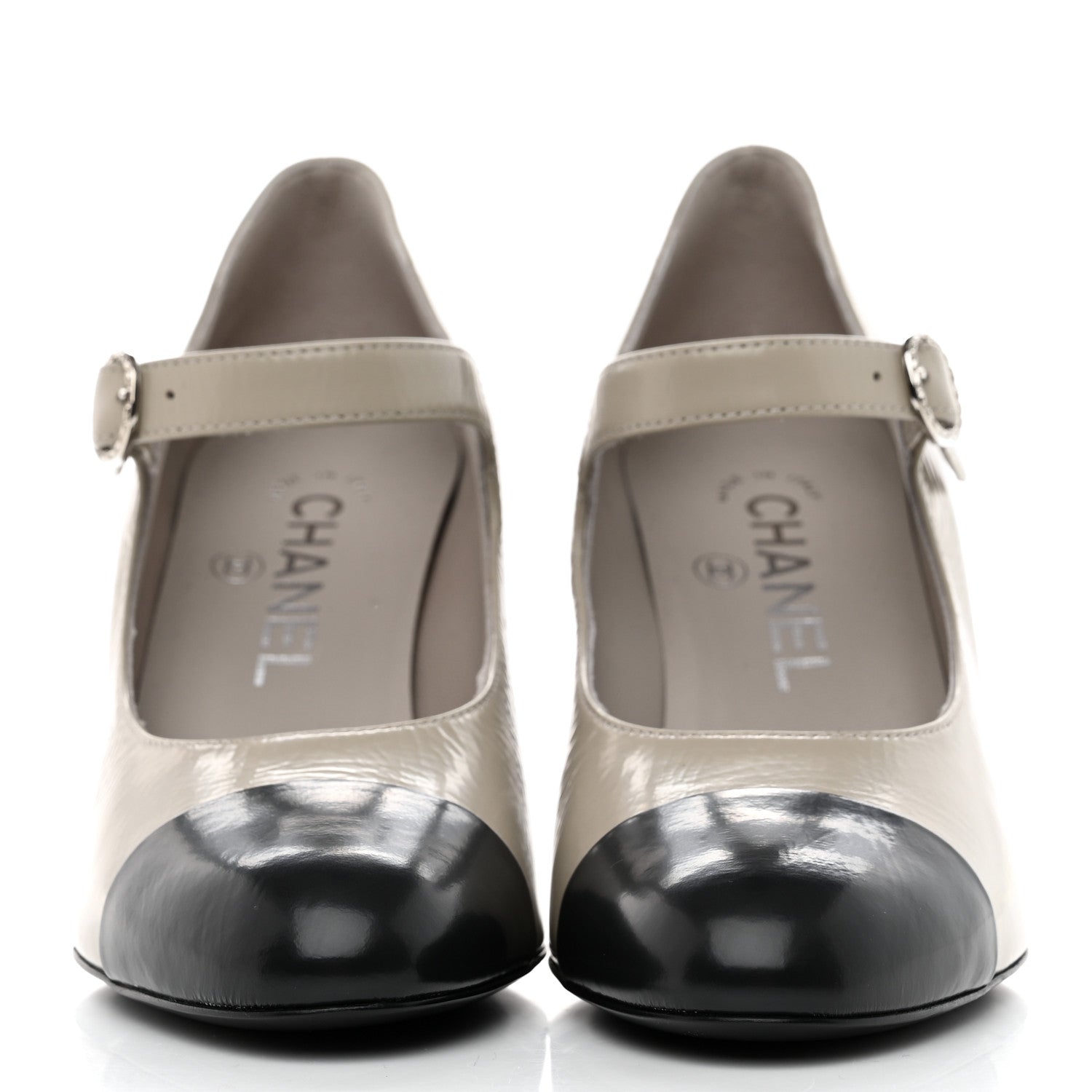Chanel Shiny Goatskin Cap Toe Mary Jane Pumps 36 Grey Dark Grey 2 of 9