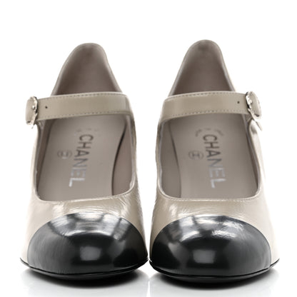 Chanel Shiny Goatskin Cap Toe Mary Jane Pumps 36 Grey Dark Grey 2 of 9