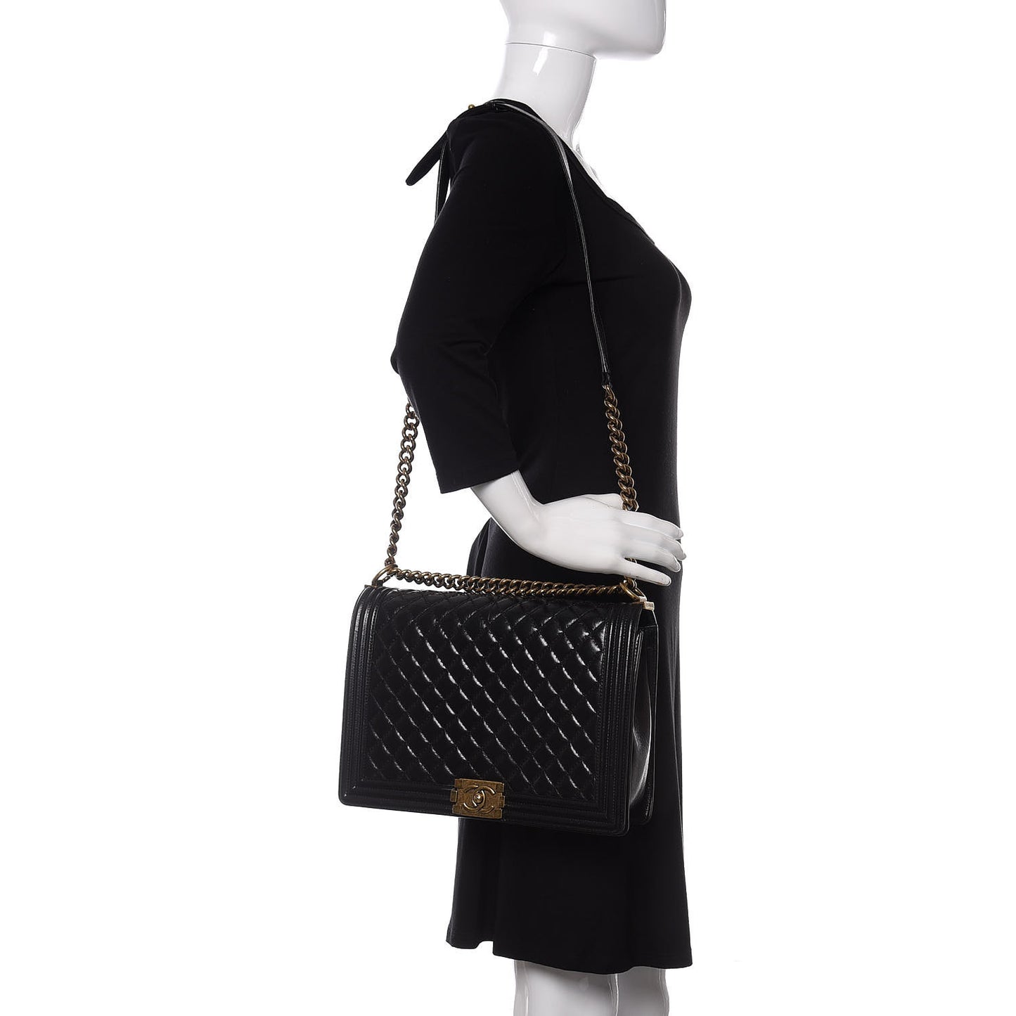 Glazed Calfskin Quilted Large Boy Flap Black