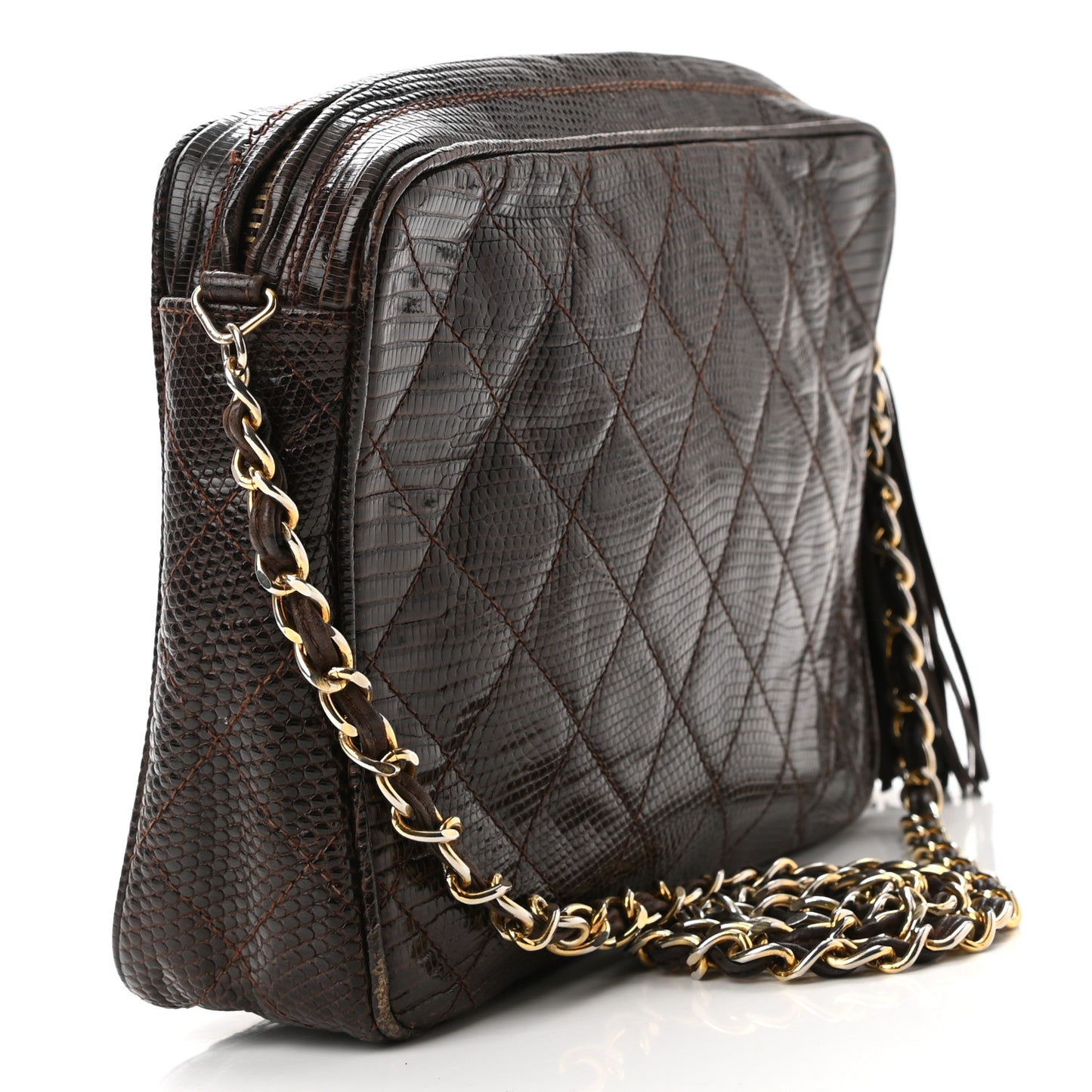 Lizard Quilted Small Tassel Camera Case Brown