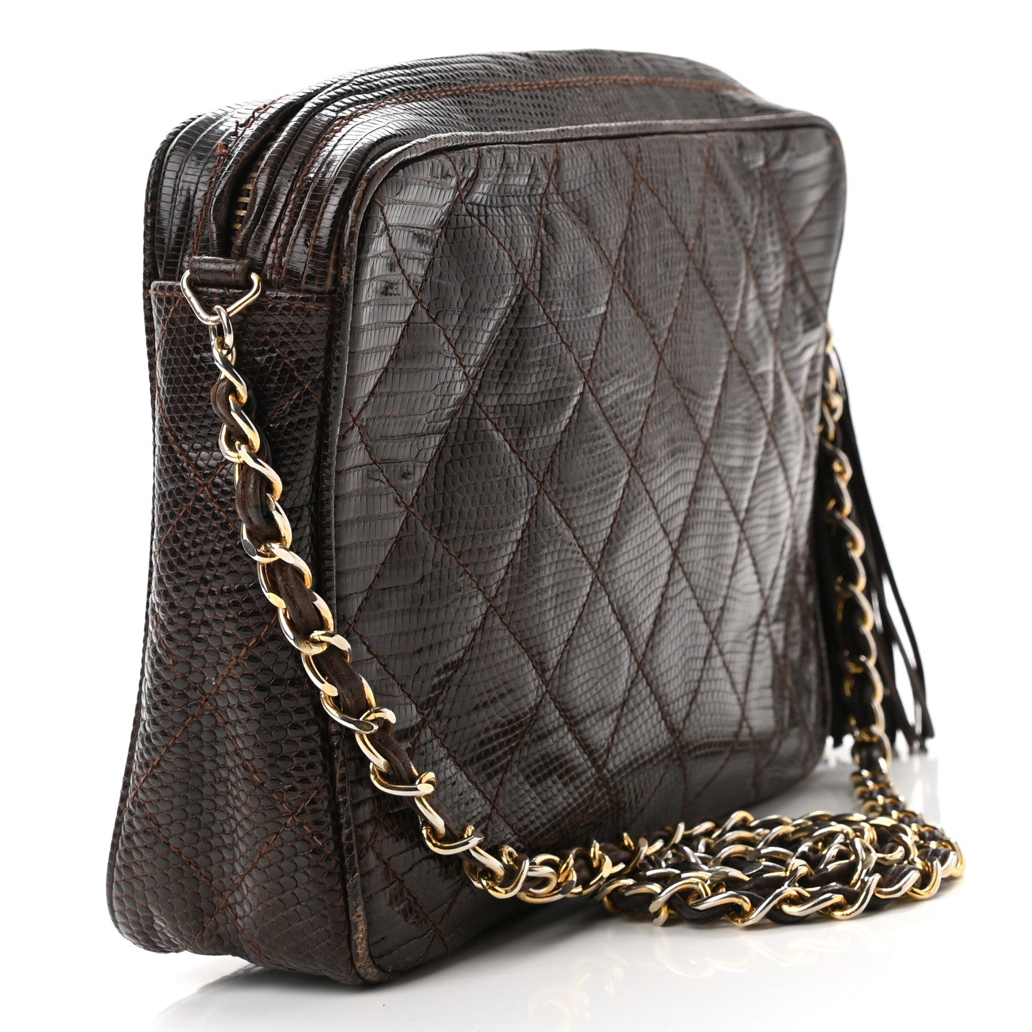 Chanel Lizard Quilted Small Tassel Camera Case Brown 2 of 17