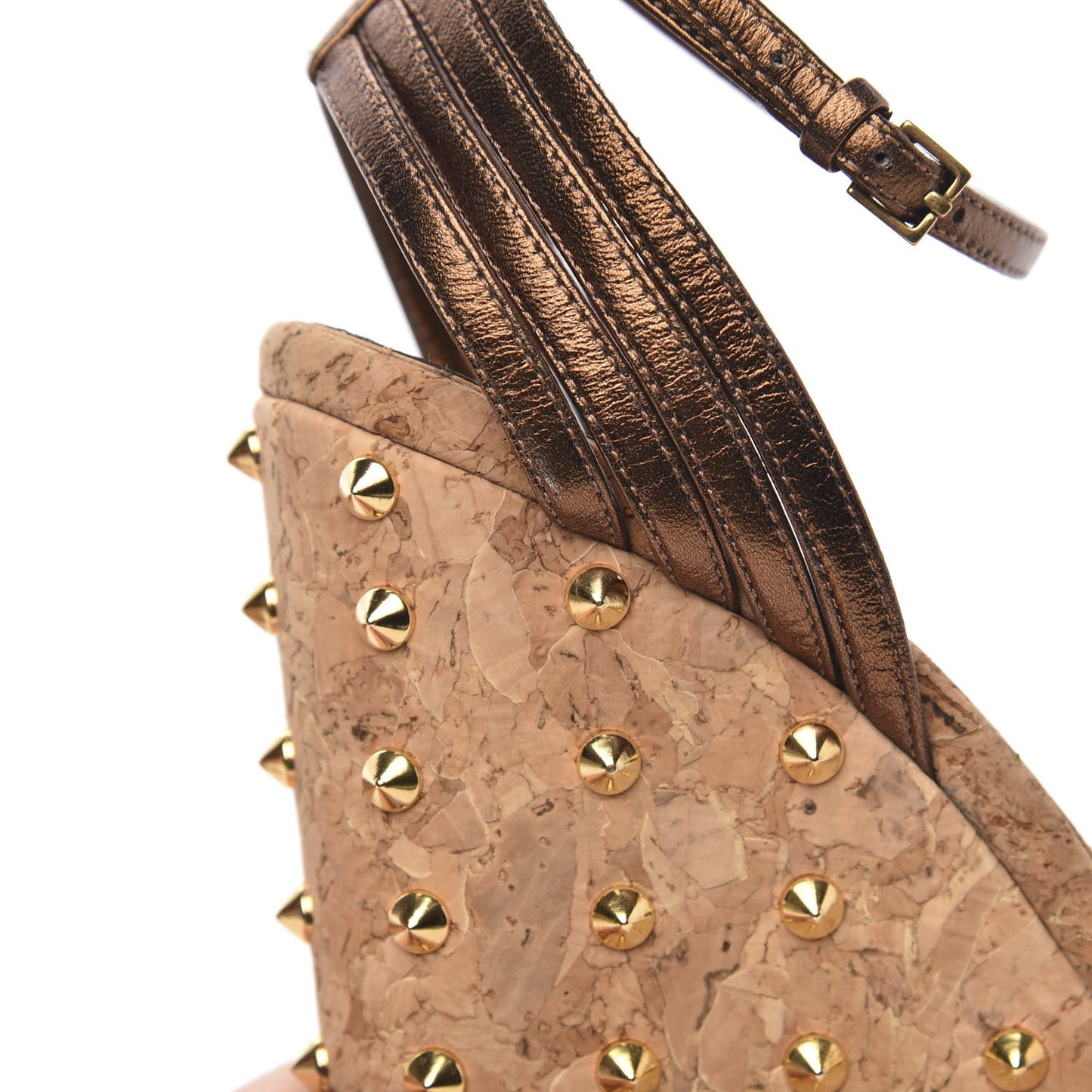 Metallic Calfskin Cork Stud Wedge Sandals 37 Brown