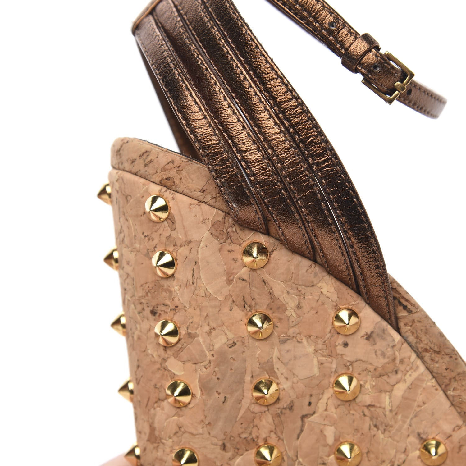 Gucci Metallic Calfskin Cork Stud Wedge Sandals 37 Brown 8 of 9