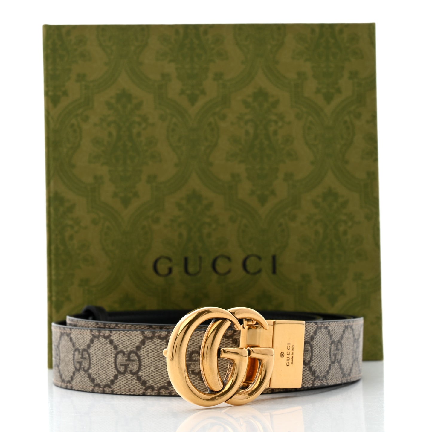 GG Supreme Monogram Plutone Calfskin Double G Reversible 30mm Belt 110 44 Beige Ebony Black