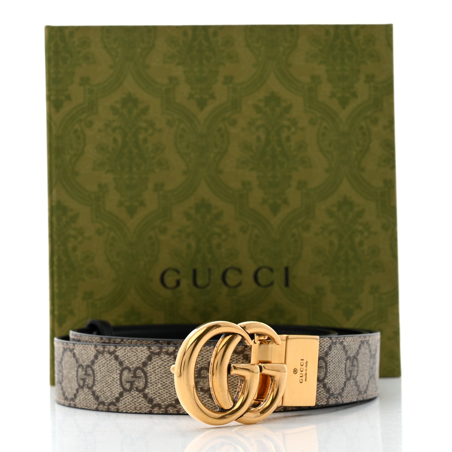 Gucci GG Supreme Monogram Plutone Calfskin Double G Reversible 30mm Belt 110 44 Beige Ebony Black 8 of 8
