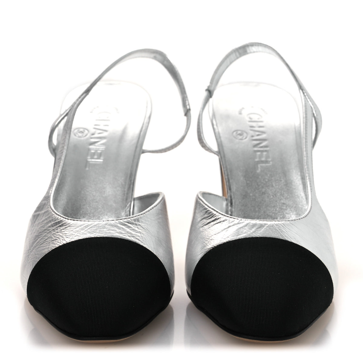 Laminated Crumpled Lambskin Grosgrain Cap Toe CC Slingback Pumps 41 Silver Black